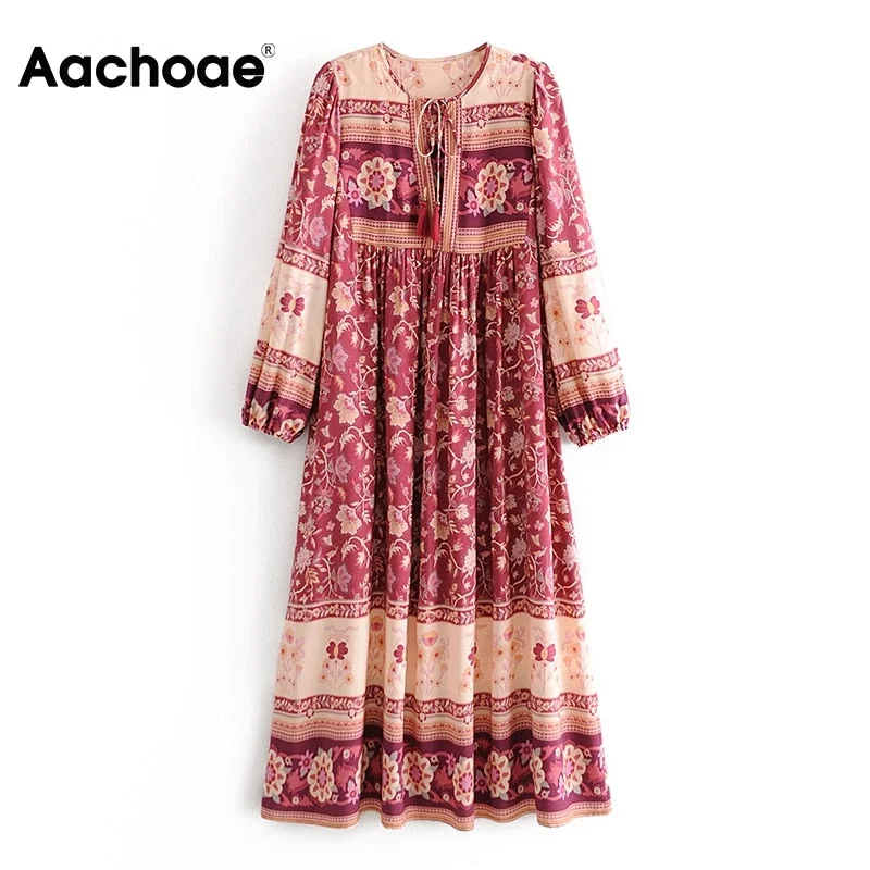 Aachoae Vintage Printed Midi Dress Women Bow Tie Hollow Out Loose Dresses 2021 Long Sleeve O-neck Boho Dress Vestidos Mujer