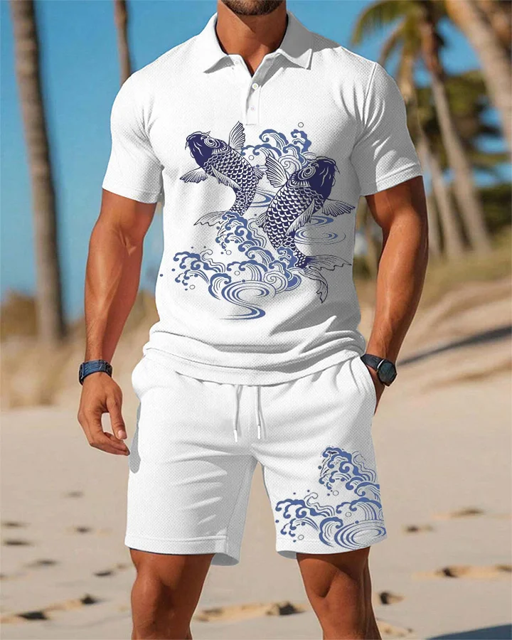 Men's Summer Style Oriental Koi POLO Short Sleeve Shorts Suit
