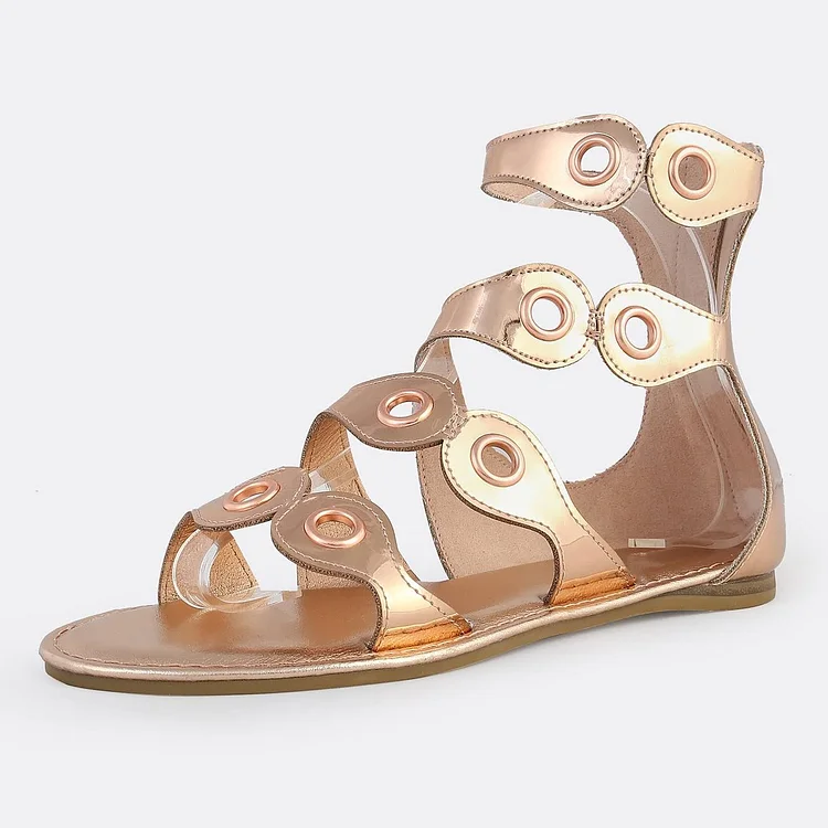 Rose Gold Gladiator Sandals Open Toe Metallic Grommet Band Sandals |FSJ Shoes