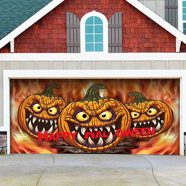 7' x 16'  Scray Jack O Lantern Three Scary Pumpkins Garage Door Mural