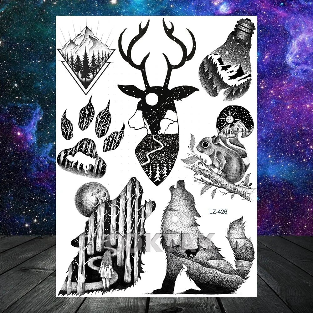 Geometric Skull Temporary Tattoos For Men Women Realistic Fake Wolf Gangster Tattoos Sticker Outer Space Planets Tatoos Washable