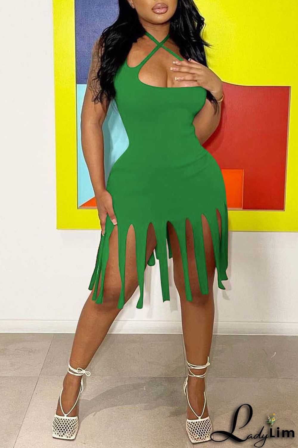 Black Sexy Solid Tassel Split Joint Pencil Skirt Dresses