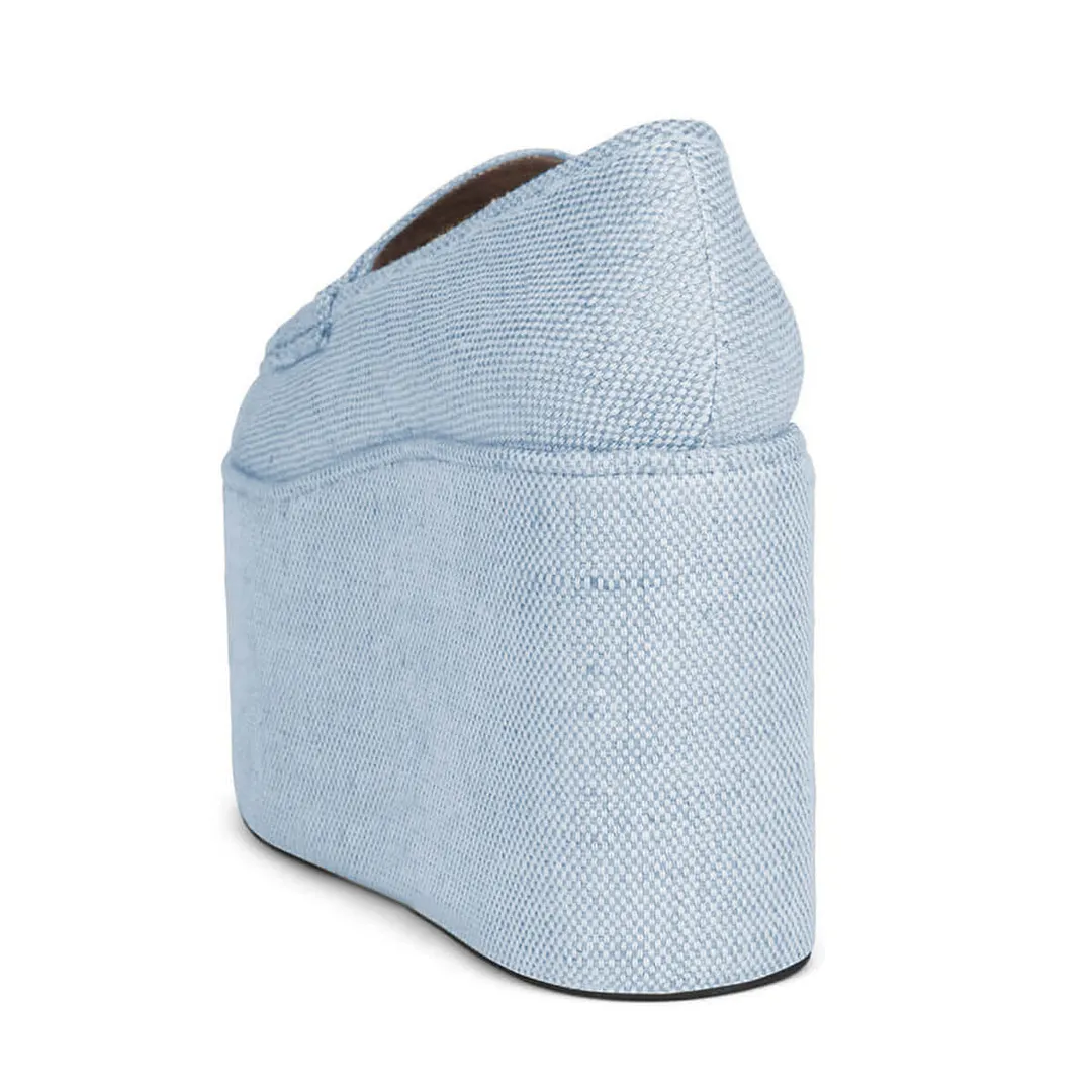Light Blue Fabric Round Toe Platform Loafers with Wedge Heels