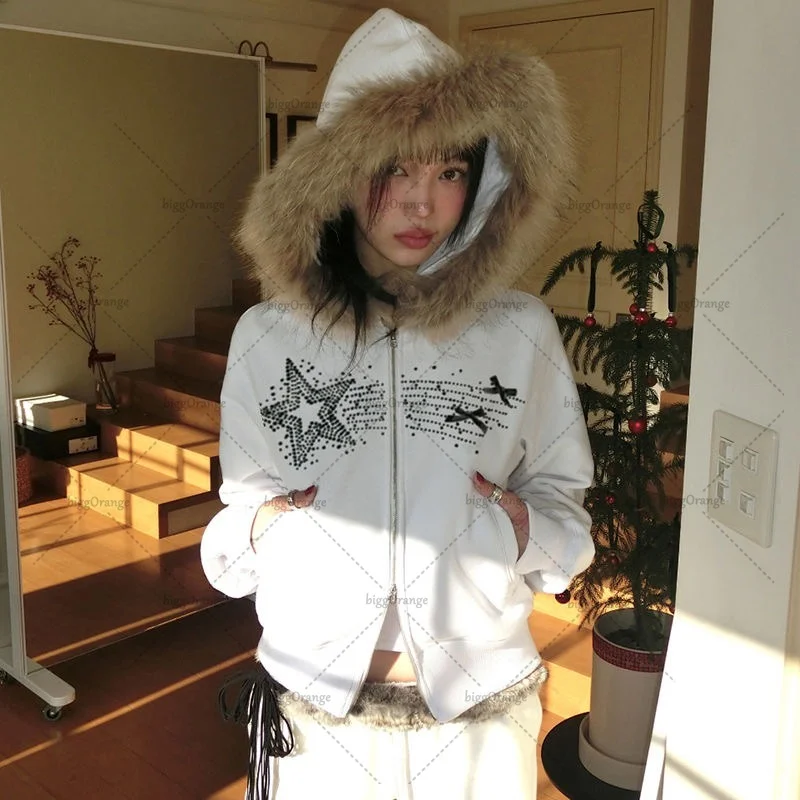 Aonga Gothic Punk Retro Fur Collar Zipper Hoodie Y2K Harajuku Vintage Trendy Brand Streetwear Sweatshirt Winter Clothing Women Jacket aonga