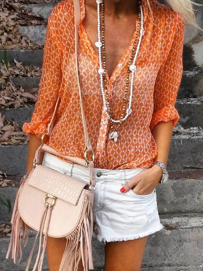 Orange Floral-Print Shirt Collar Long Sleeve Geometric Shirts & Tops