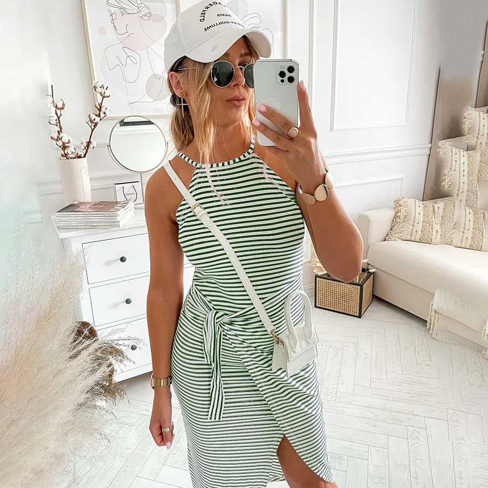 Graduation Gifts  Casual Sleeveless Stripe Midi Dresses For Women 2023 Summer  Fashion O-neck Lace-up Slim Balck Ladies  Beach Dress Vestidos