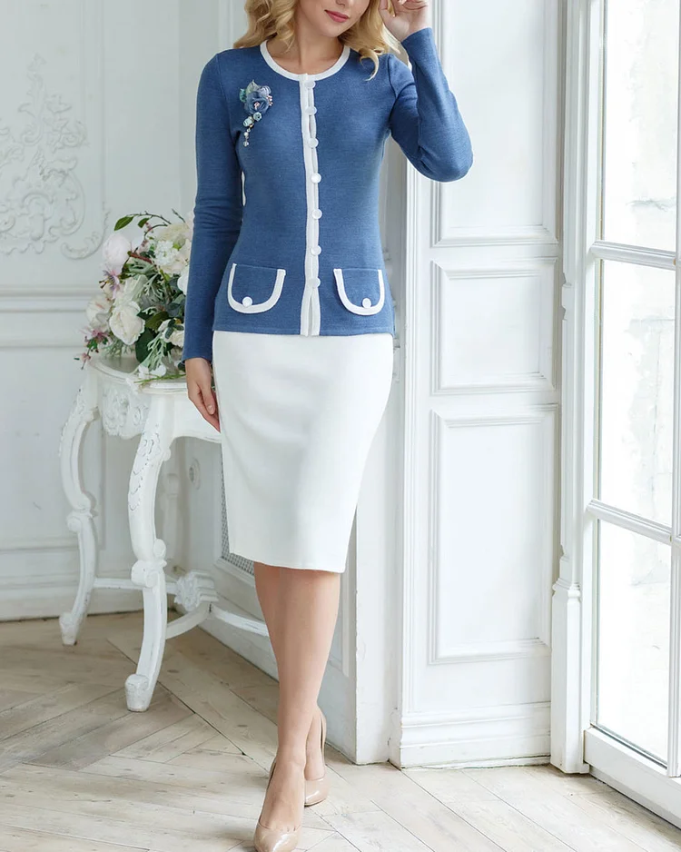 Elegant knitted cardigan and skirt two-piece set
