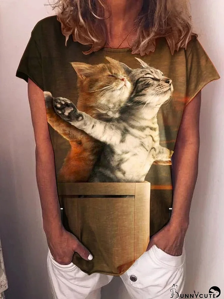Casual Printed Titanic Cat Short Sleeve T-Shirt