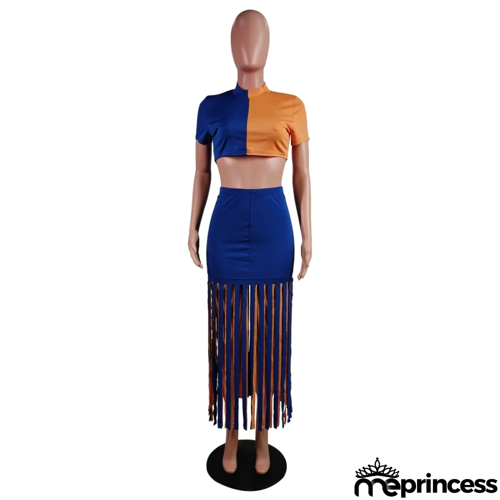 Summer Contrast Sexy Crop Top and Tassels Skirt Set