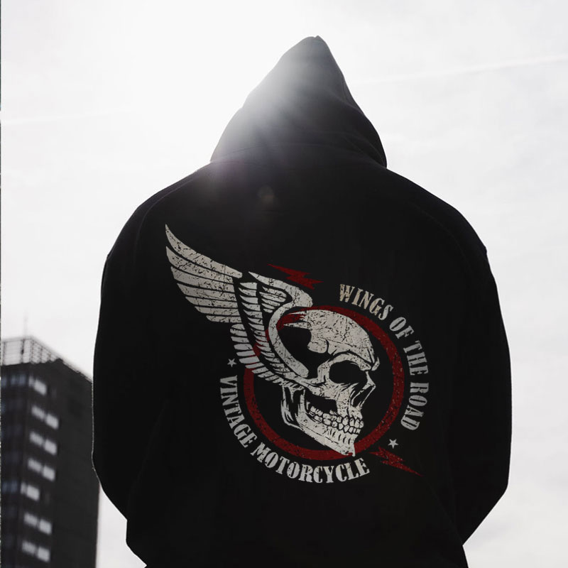 WINGS OF THE ROAD VINTAGE MOTORCYCLE Skull Black Print Hoodie