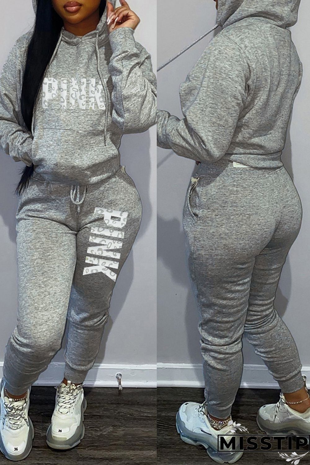 Khaki Fashion Casual Letter Print Basic Hooded Collar Long Sleeve Two Pieces