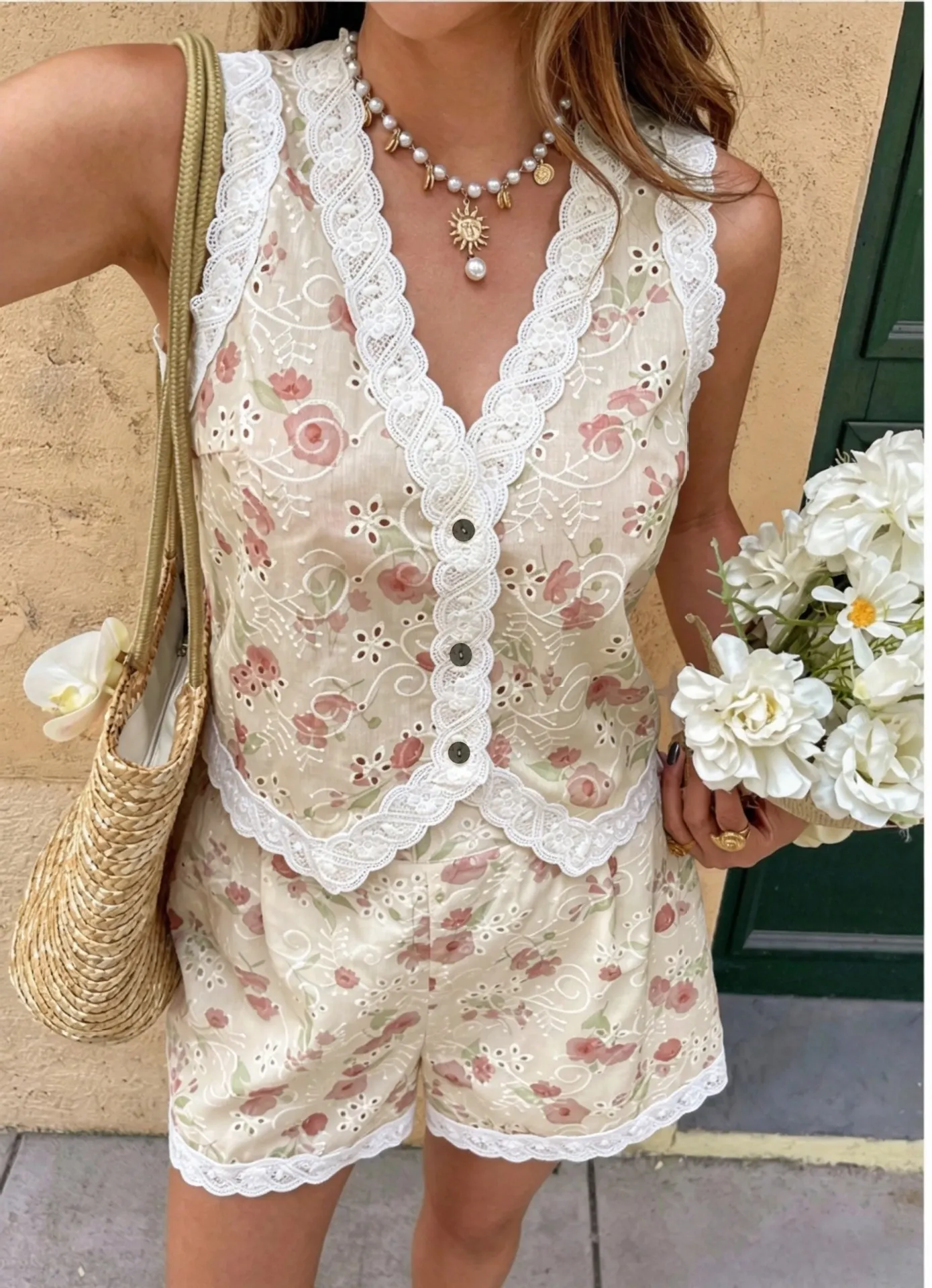 Women's Boho Floral Lace Trim Two Piece Outfit
