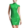 High Neck Wetlook Bodycon Mini Dress Women Short Sleeve Turtleneck Slim PVC Dress Ladies Full Zipper Dress Plus Size Clubwear