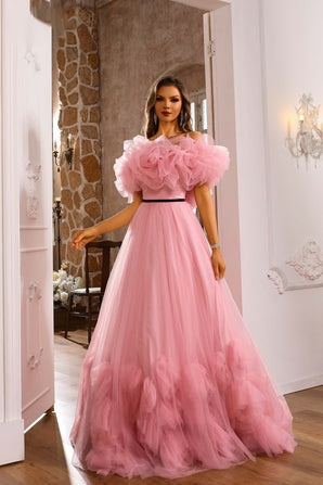 Ovlias Romantic Pink Flower Off-the-shoulder Layered Couture Evening Dress LY0706