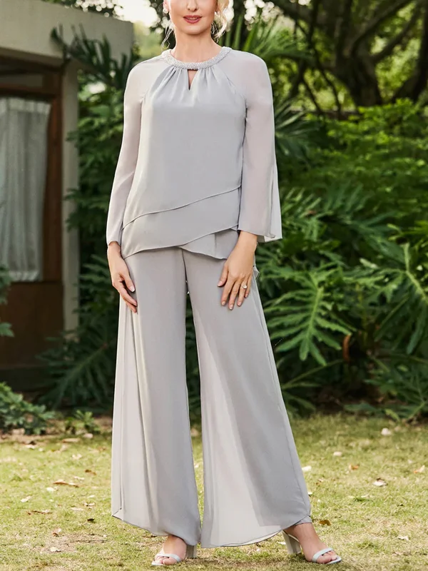 Round Neck Chiffon Solid Color Top And Pants Suit