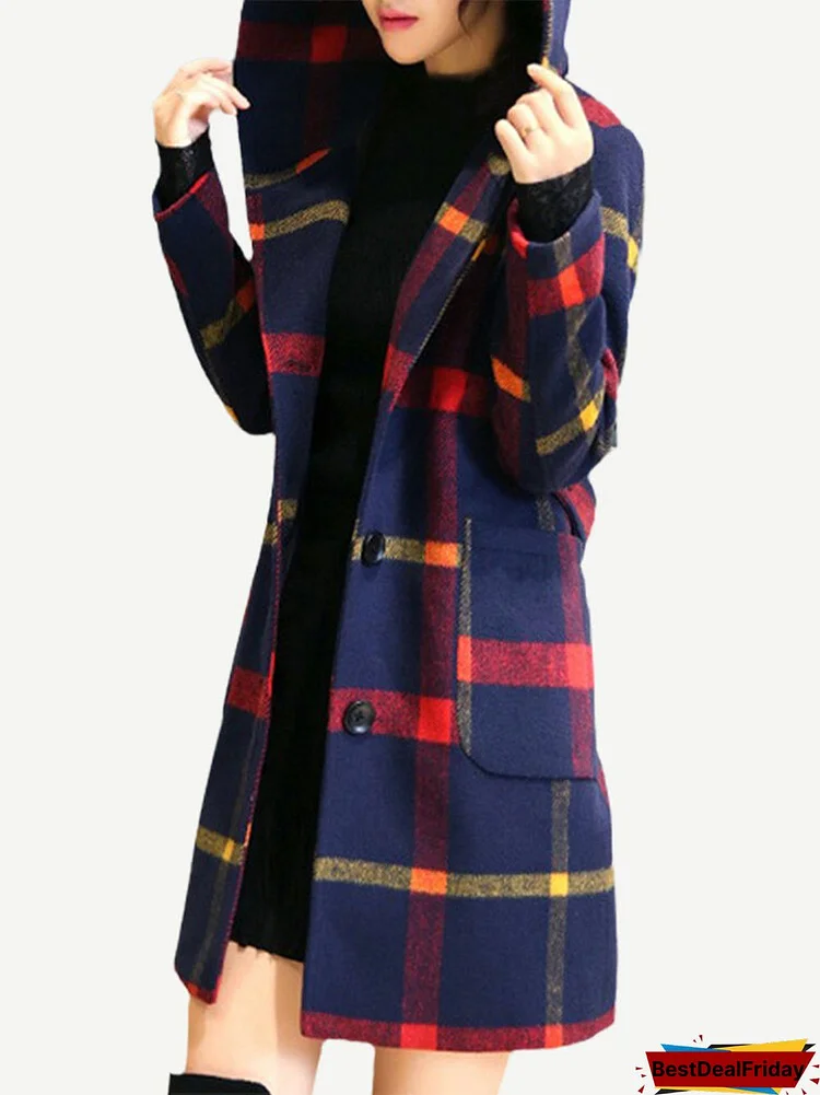 Hooded Plaid Print Long Sleeve Casual Jacket For Women
