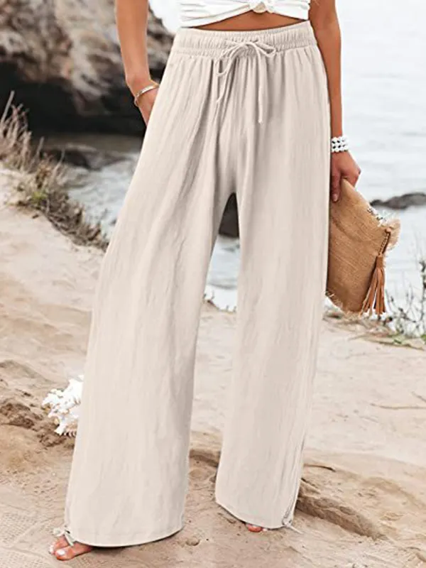 Vintage Loose Wide Leg Drawstring Solid Color Casual Pants Bottoms