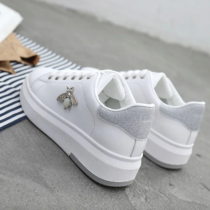 Breakj Women Casual Shoes 2022 New Women Sneakers Fashion Breathable PU Leather Platform White Women Shoes Soft Footwears Rhinestone
