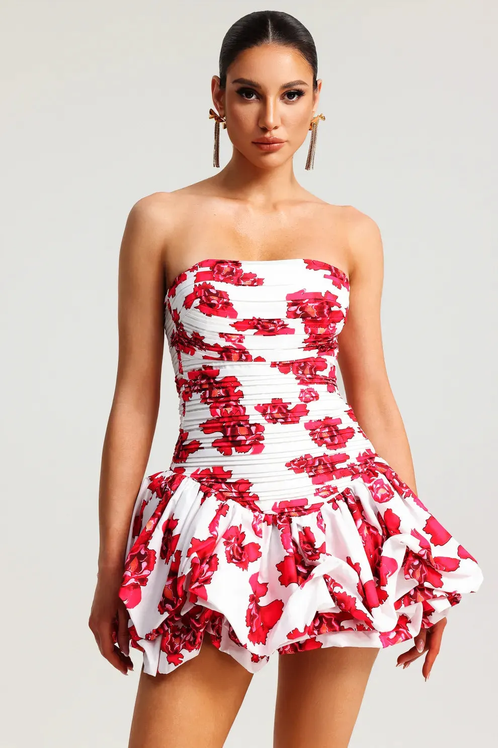 Damen Trägerloses Kleid – Blumenmuster, Strukturiertes Oberteil, Volantrock-83685-b1aee80b-a632-486d-854e-b78ef0a62cf9