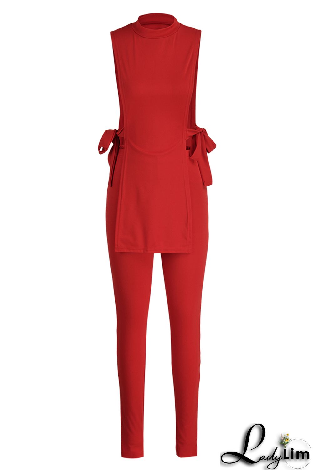 Red Fashion Casual Solid Bandage Slit Half A Turtleneck Sleeveless Two Pieces