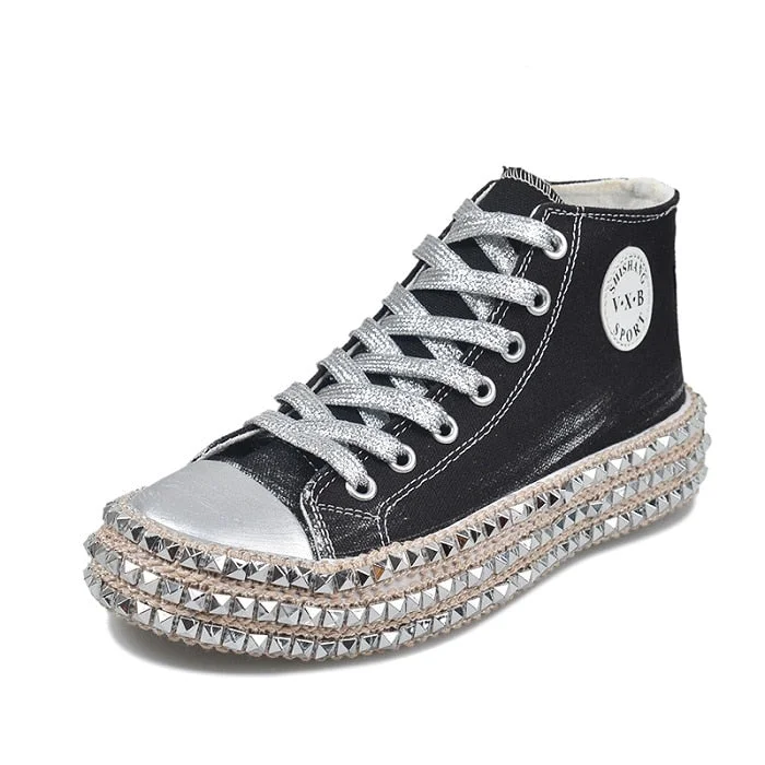 Lourdasprec Women Sneakers Leopard Rivets Shoes Women Canvas Shoes Leisure Lace-Up Low High Top Sneakers Basket Femme Big Size Women Shoes
