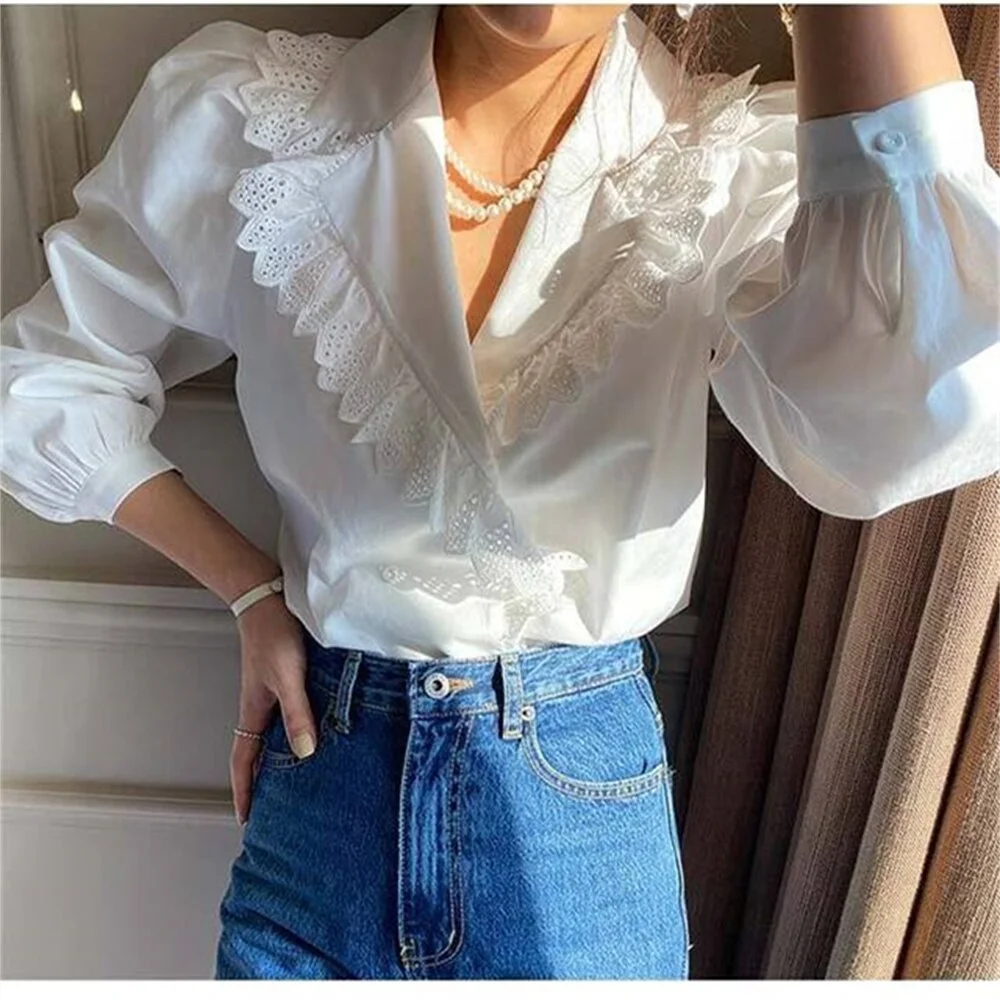 Jangj Alien Kitty Patchwork Lace Women Notched Shirts Girls Work Wear New Fashion 2022 Casual Slim Spring Office Lady Loose Tops