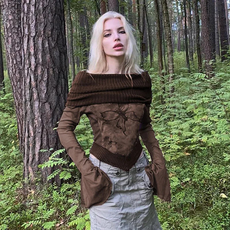 Woherb Woherb Do Old Butterfly Print Horn Sleeve T-Shirt New One Line Shoulder Slim Top Women-Outfit Ideas