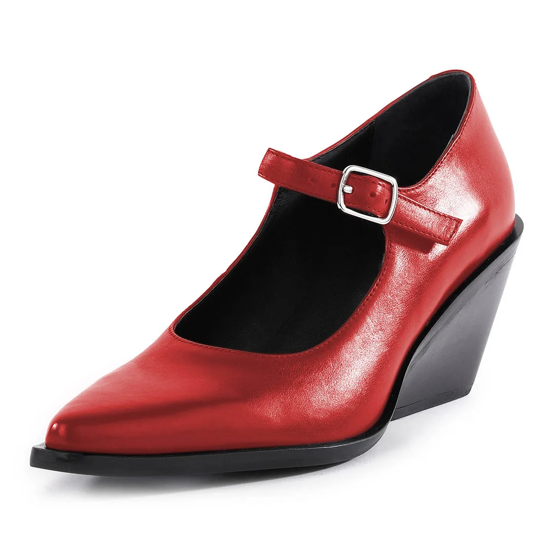 Red Vegan Leather Pointed Toe Chunky Heeled Mary Janes with Buckle