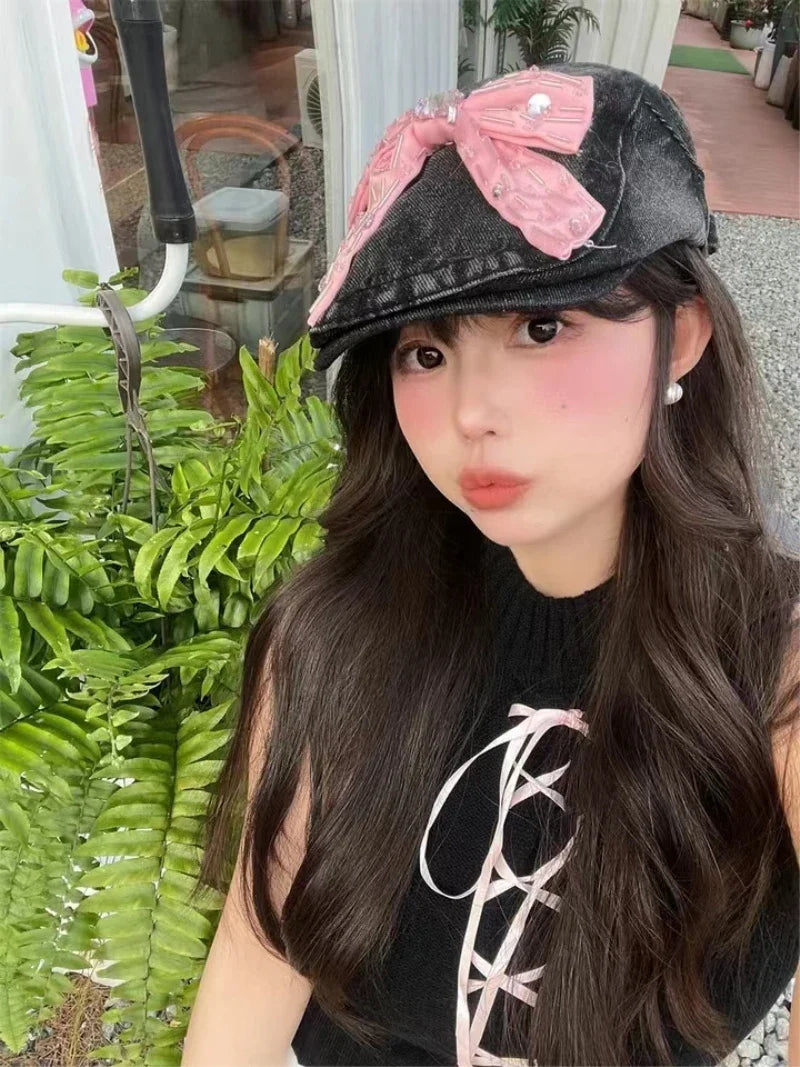Llyge Women's Bow Beret Hat Autumn Unisex Denim Berets Hat Spring Forward Caps Octagonal Cap Men Ladies Travel Art Painter Caps Gorros llyge