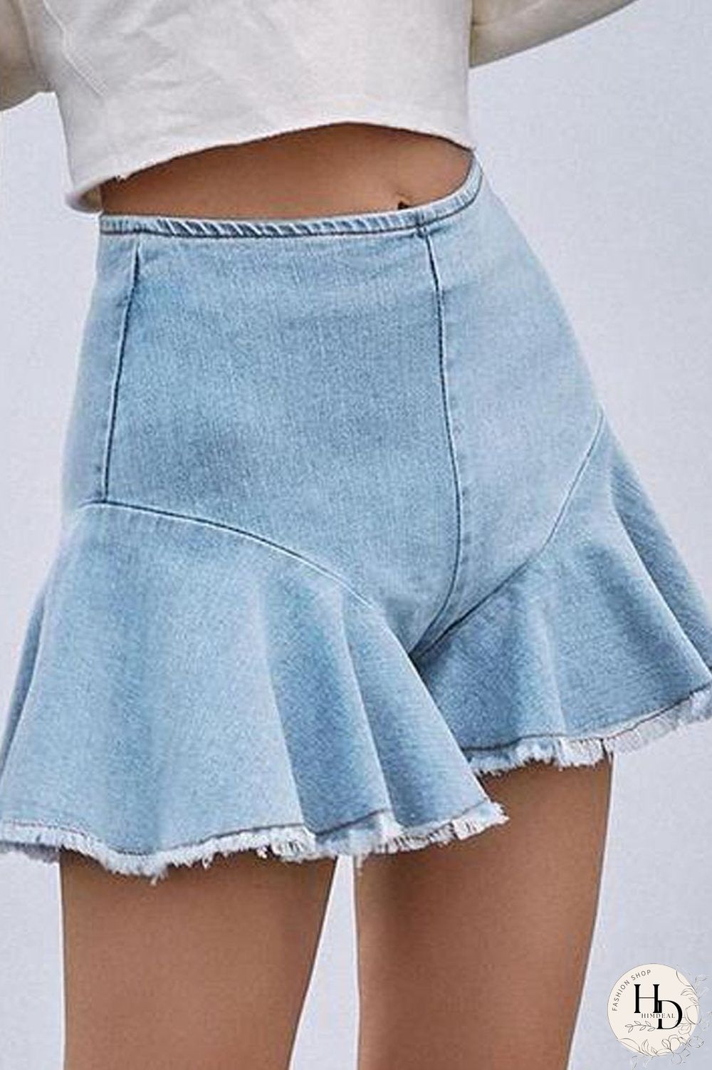 Denim Ruffled Zipper Solid High Waist Shorts