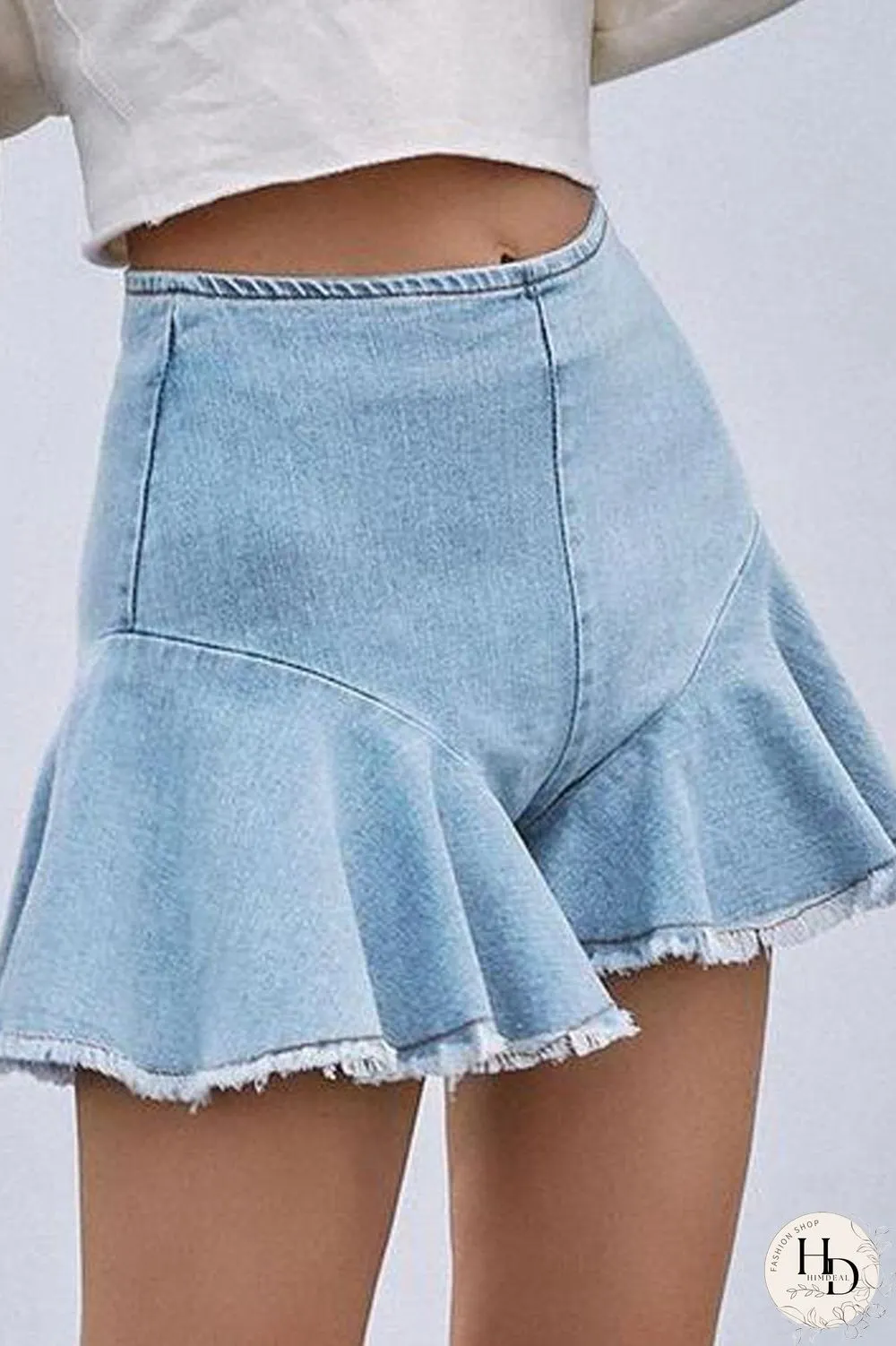 Denim Ruffled Zipper Solid High Waist Shorts