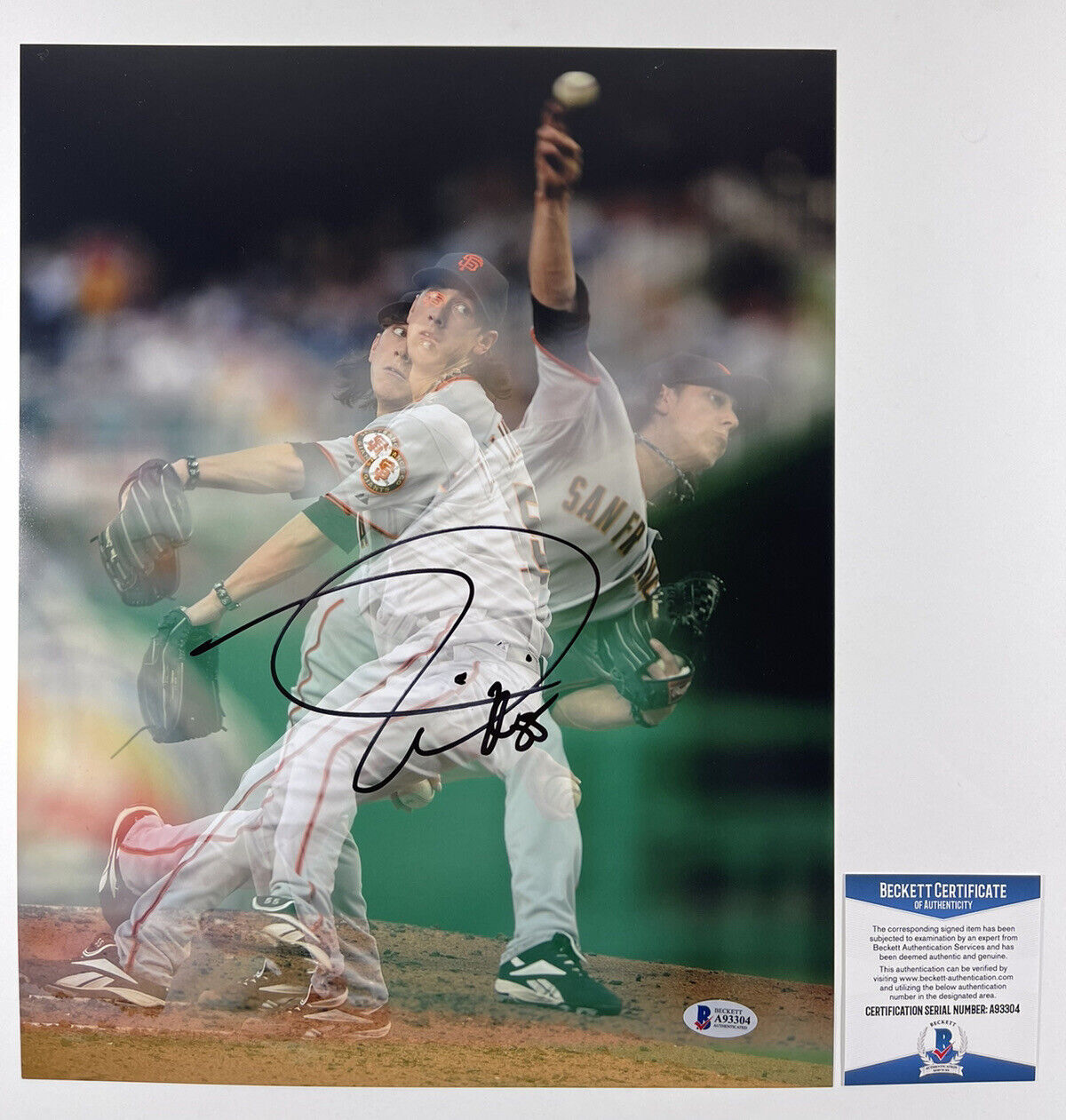 TIM LINCECUM SIGNED 11x14 Photo Poster painting GIANTS AUTHENTIC BECKETT BAS COA #A93304