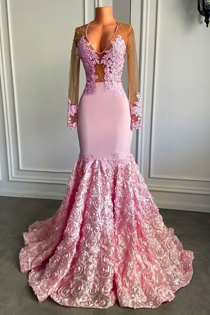 Beautiful Beadings Floral Mermaid Pink Evening Dress Appliques With Lace Sleeves | Ballbellas Ballbellas