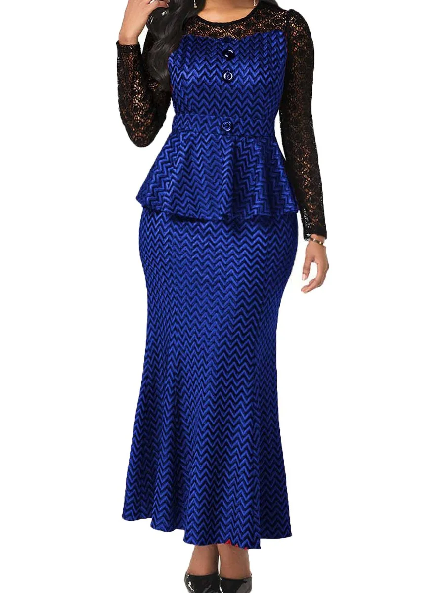 Two Pieces Dress Round Neck Long Sleeve Lace Patchwork Maxi Bodycon Dresses