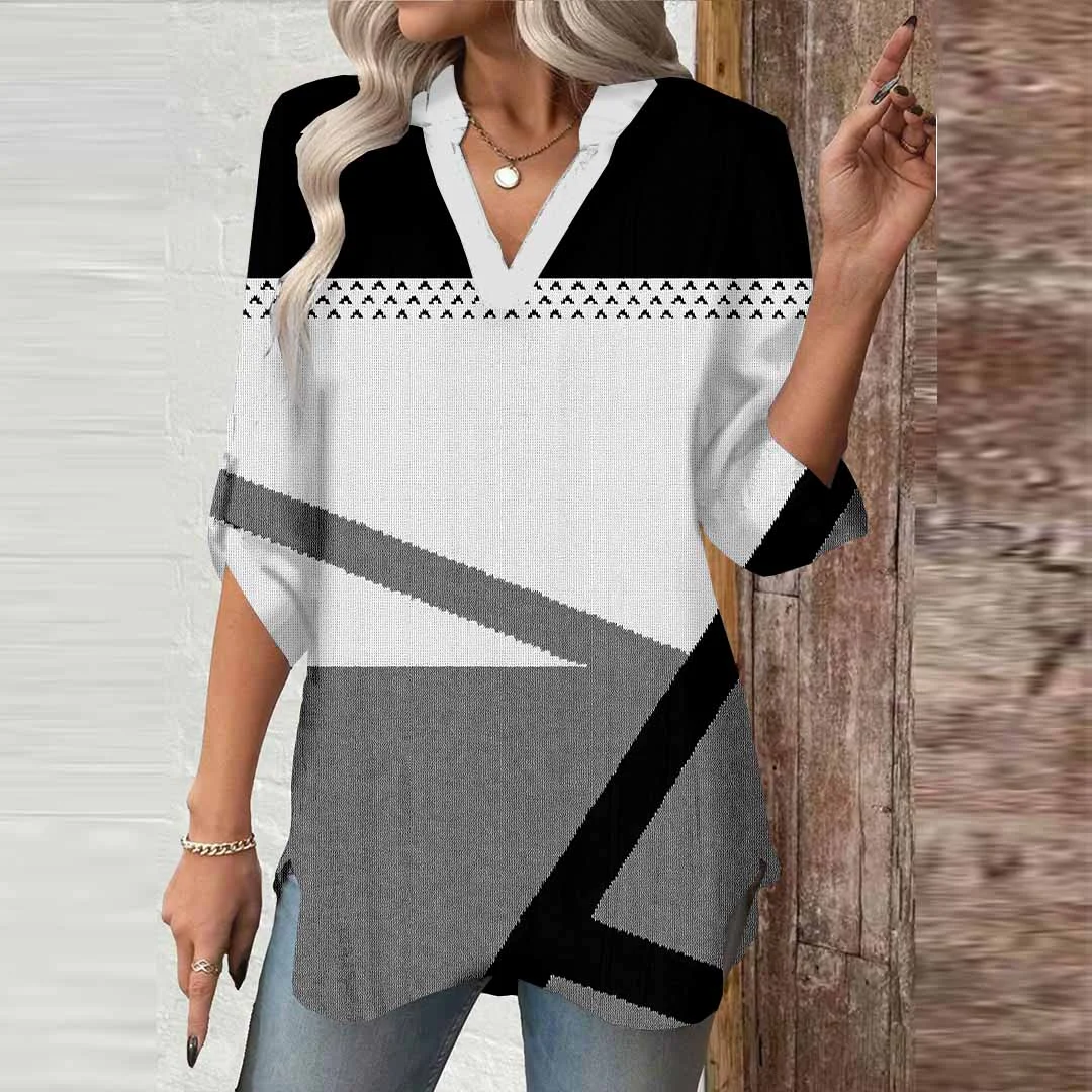 Women Geometric, Black, White DZGA0656 3/4 Sleeve V-neck Printed Graphic Button Tops