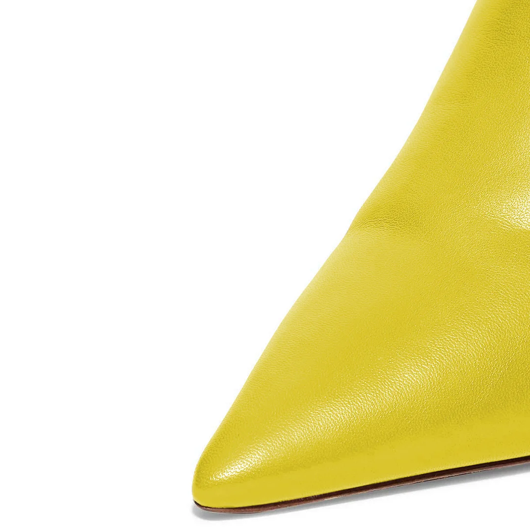 Vegan Leather Pointed Toe Back-Zip Kitten Heel Ankle Boots in Yellow