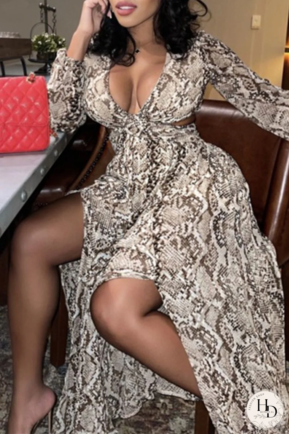 Snake Print Fashion Sexy Print Hollowed Out Slit V Neck Long Sleeve Dresses