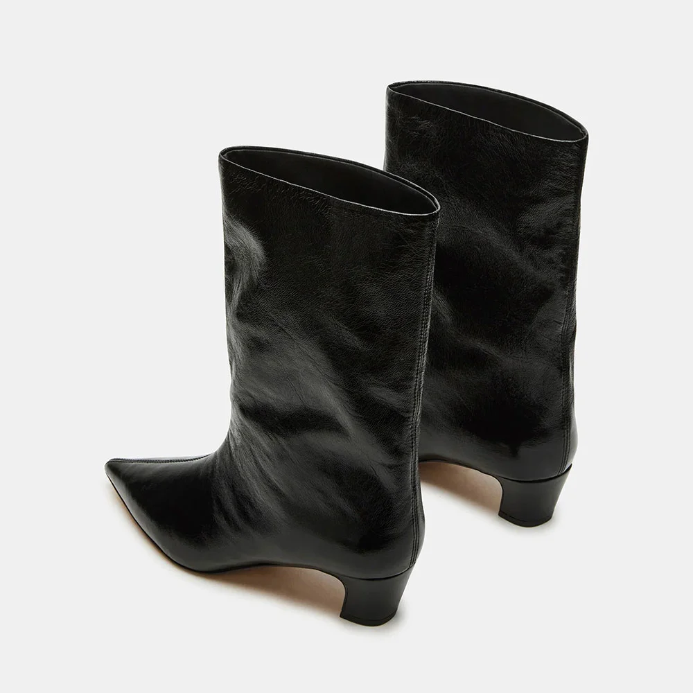 Black Faux Leather Pointed Toe Chunky Heel Pull On Mid Calf Boots