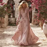 Boho Pink Roses Embroidered V Neck Flowy Maxi Dress - Image 2