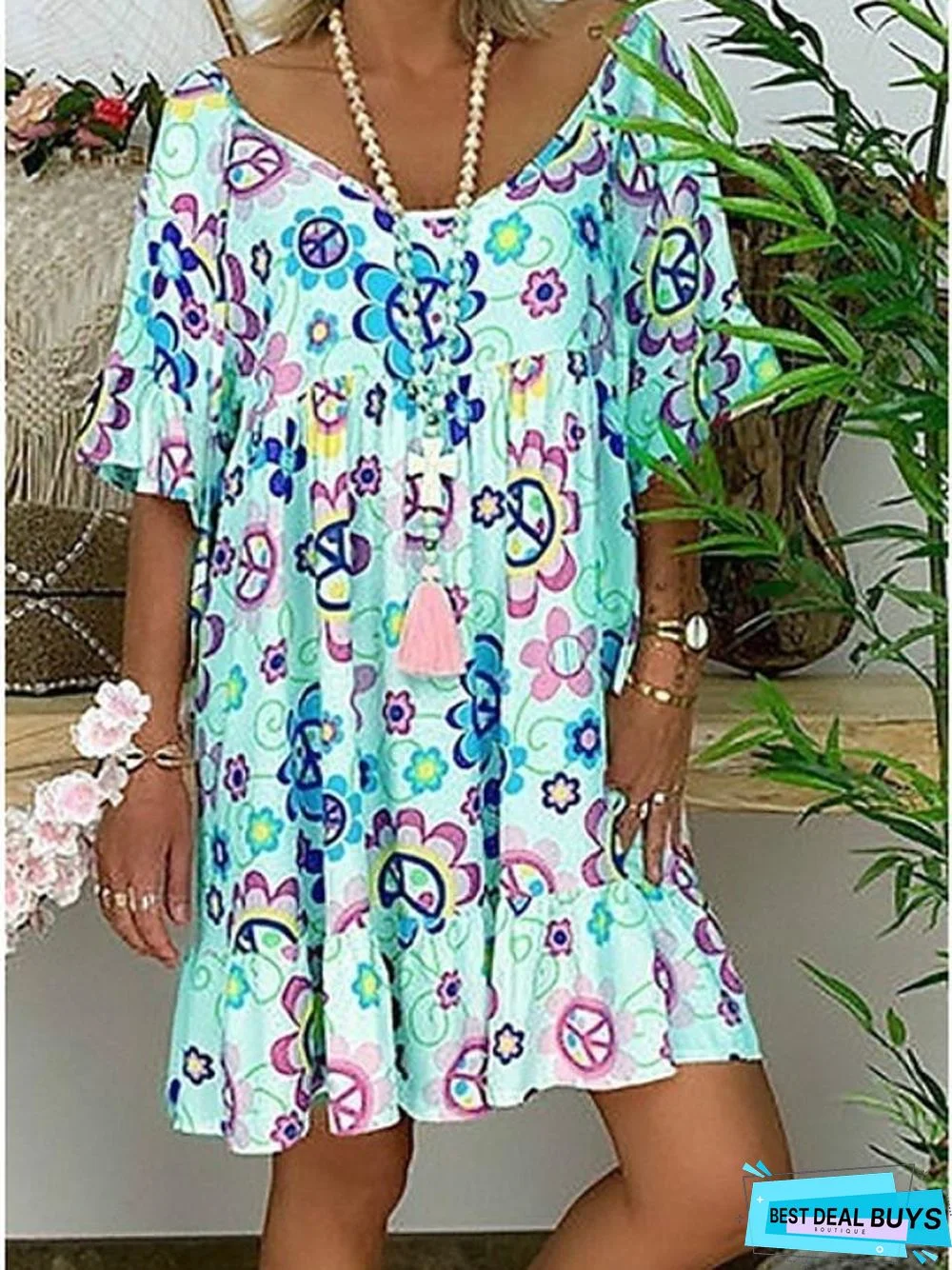 Women's Tunic Knee Length Dress - Short Sleeve Floral Print Summer Basic Hot White Blue Red Light Blue-0218817