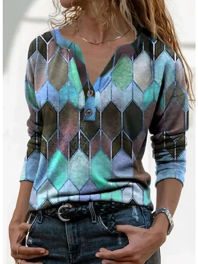 Women's Blouse Color Block Button V-neck Long Sleeve Pullover Tops