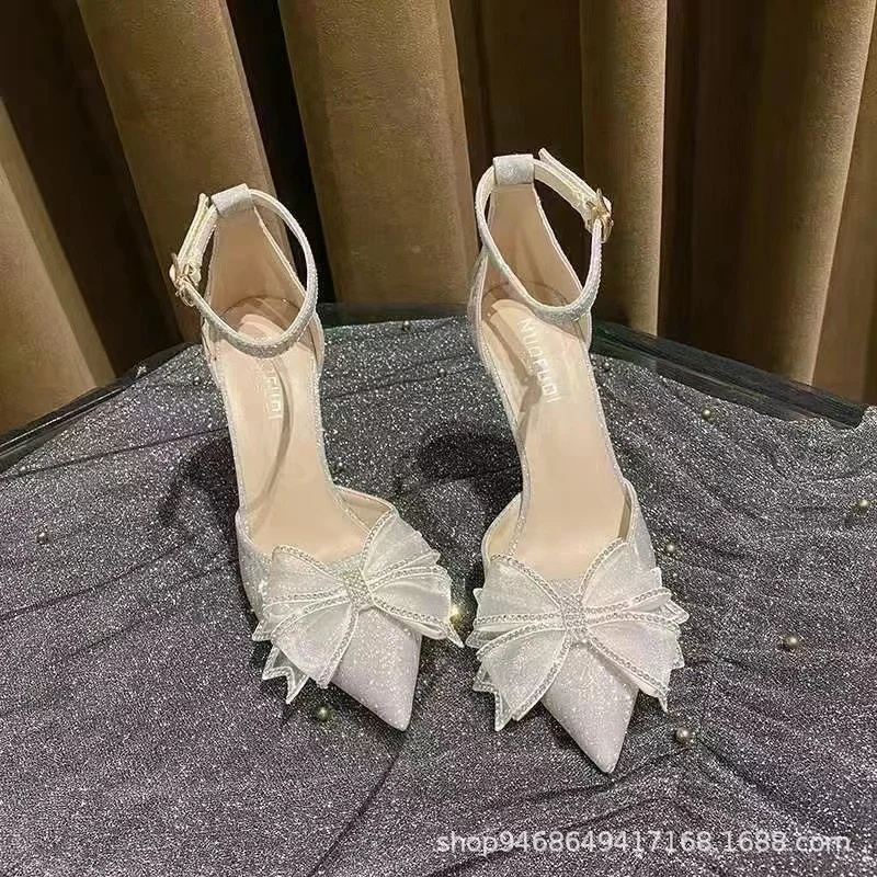 Breakj Breakj Women's Summer 2023 New Baotou Hollow Bow High Heels Fairy Pointed Shoes Princess Wind Dress Shoes