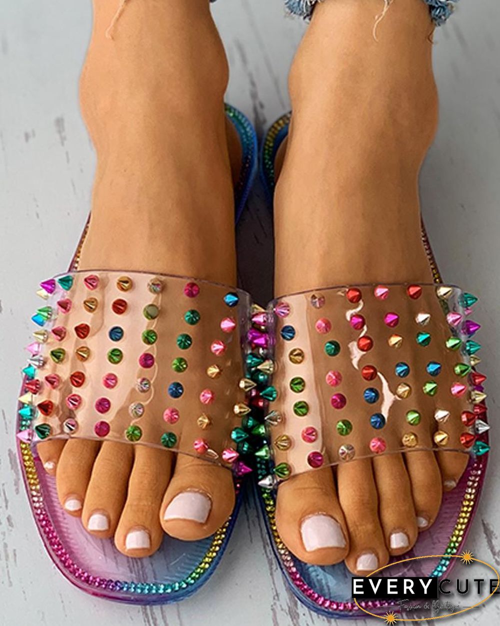 Colorblock Rivet Studded Square Toe Flat Sandals
