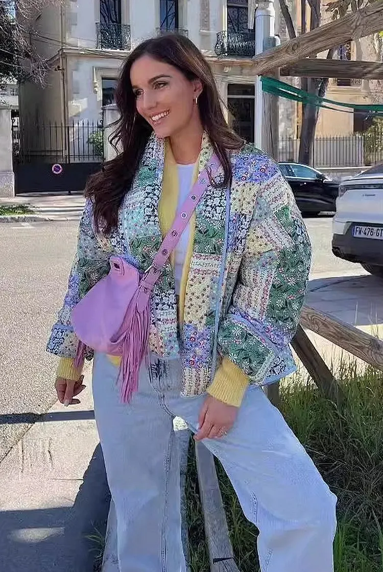 Women's Floral Print Quilted Jacket with Lapel Collar
