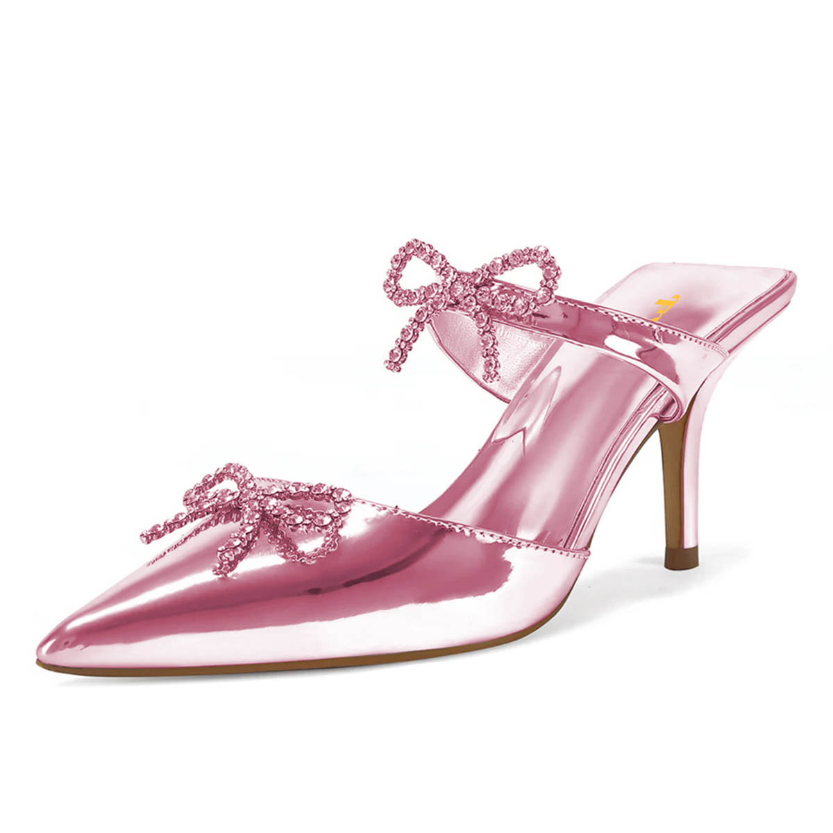 Pink Metallic Finish Rhinestone Bow Pointed Toe Mule Heels Nicepairs
