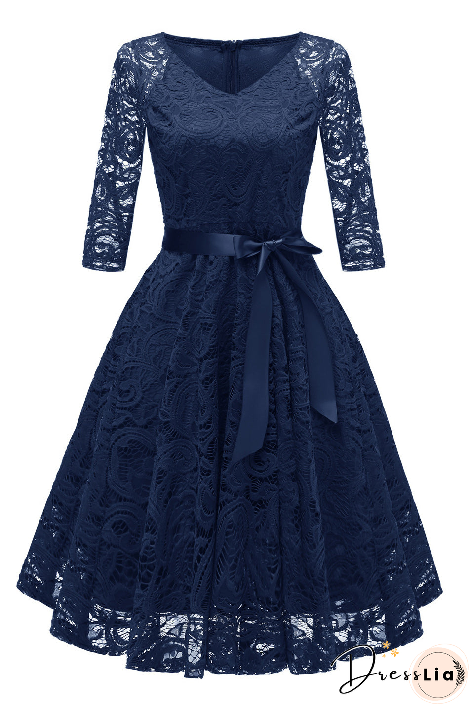 Elegant Dark Navy Lace A-Line Cocktail Party Dress