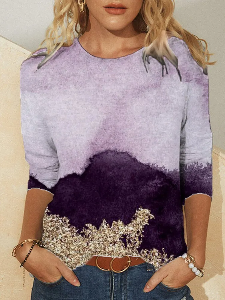 Printed Long Sleeve Crew Neck Casual T-shirt