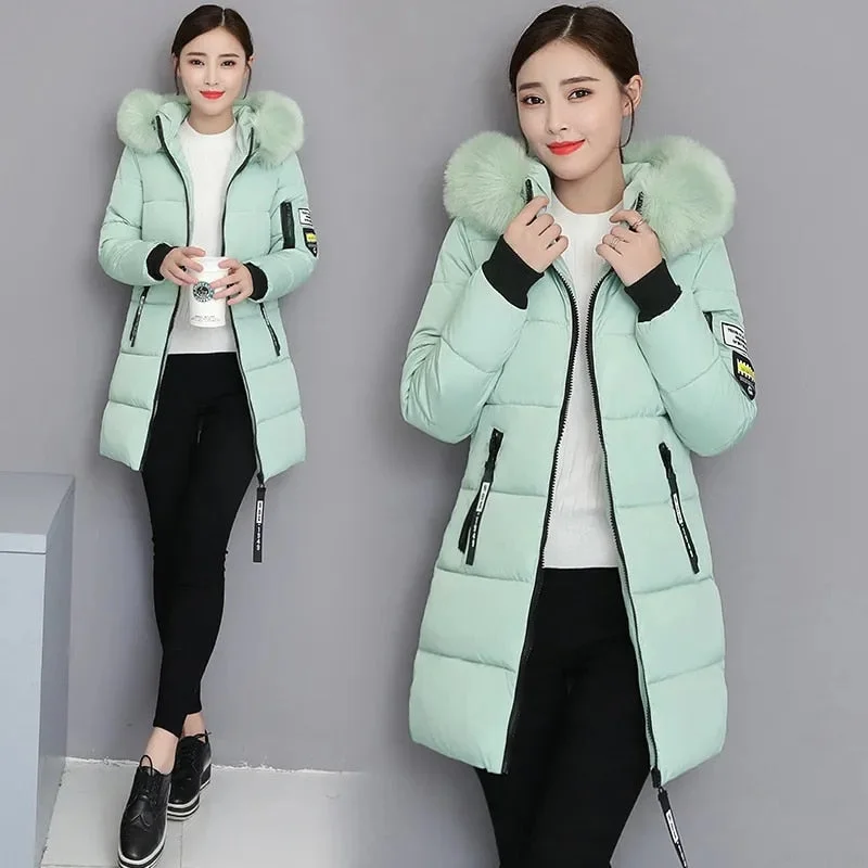 2021 Winter Jacket Hooded Fur Collar Women Parkas Outwear High Quality Parkas Female Slim Paddinh Parka Women Mid-Long Coats