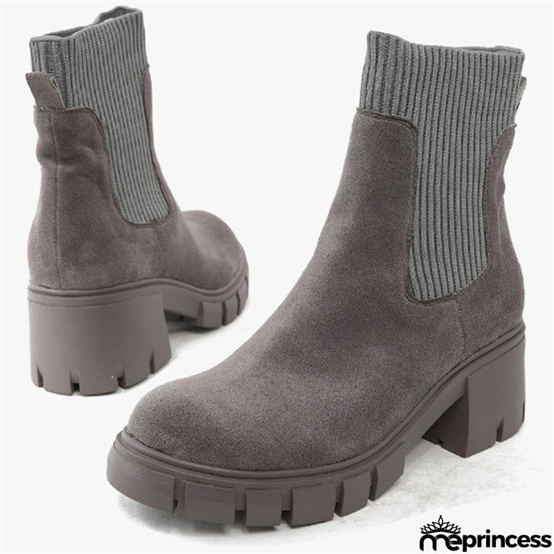 Winter Daily Women Chunky Heels Suede Chelsea Martin Boots