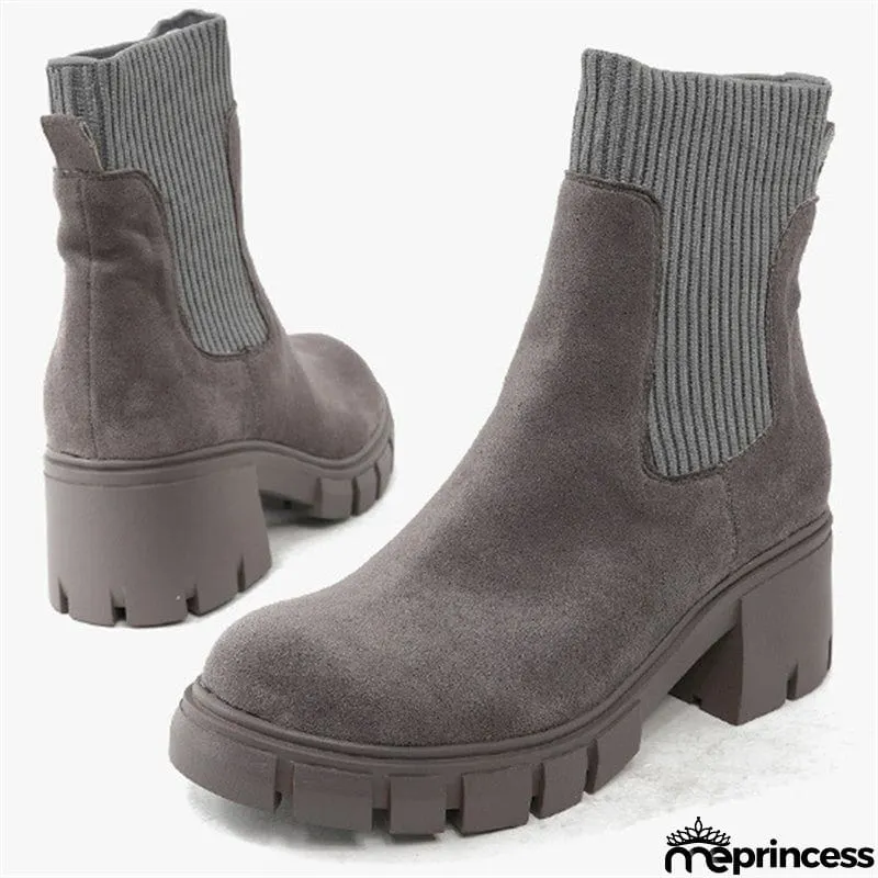 Winter Daily Women Chunky Heels Suede Chelsea Martin Boots